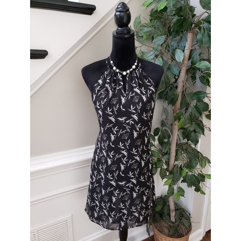 LOFT Shift Dress Womens Size XS Black Floral Casual Lined Halter Neck Sleeveless